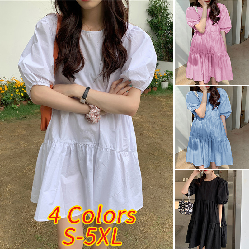 VONDA Women Casual Korean Short Sleeve Round Neck Loose Plain Pleated Short Dress