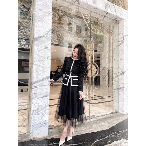 Sét áo dạ tweed +chân vây voan tầng siêu sang chảnh kèm tang hoa | BigBuy360 - bigbuy360.vn