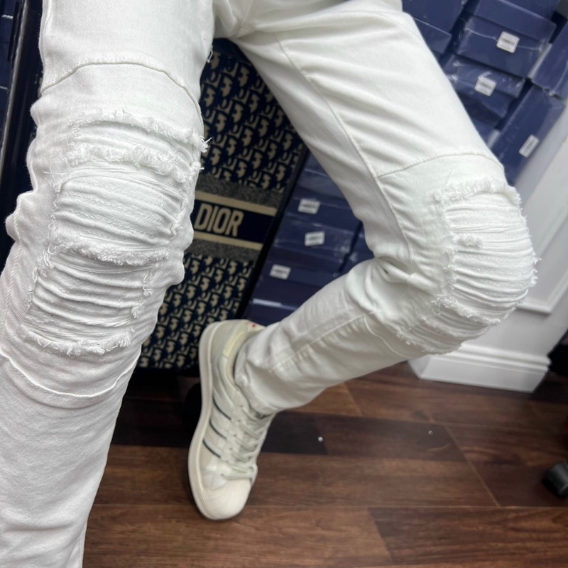 Quần jean nam trắng vá gối chất bò cao cấp co dãn 4 chiều cực đẹp from dáng đẹp