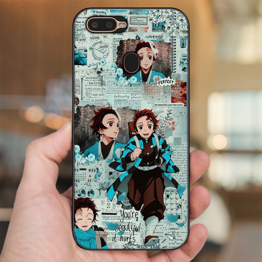 Ốp lưng Oppo A5S, A7, A12, F9 viền đen in hình Tanjiro Kimetsu No Yaiba