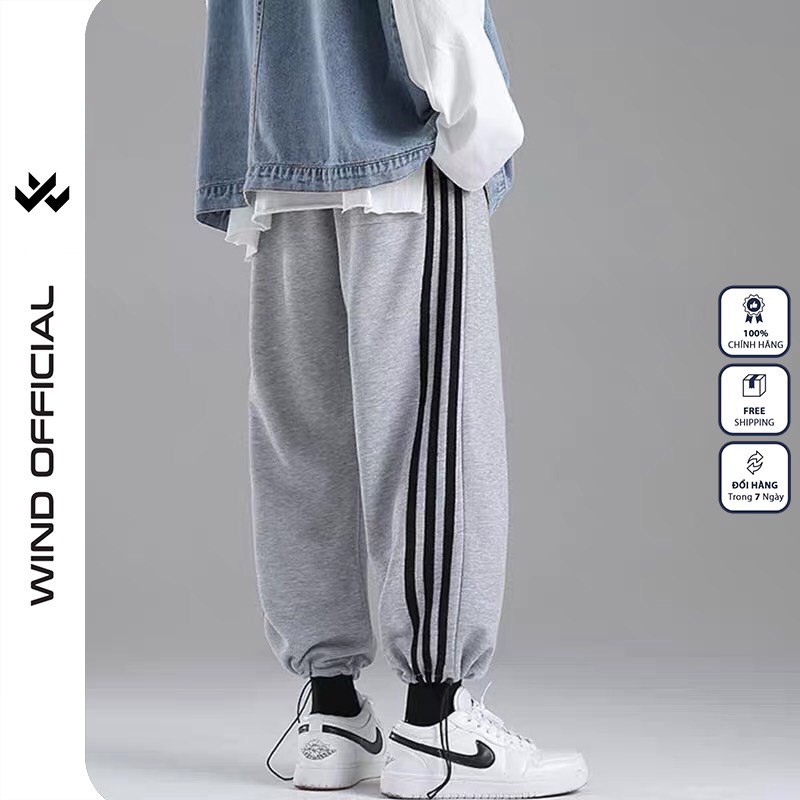 Quần jogger ống rộng WIND unisex dây rút bo chun 3 LINE overszie nam nữ ulzzang