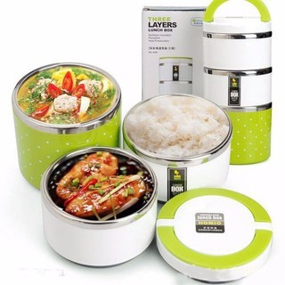 Hộp cơm giữ nhiệt chấm bi inox 3 tầng loại tốt hàng cao cấp