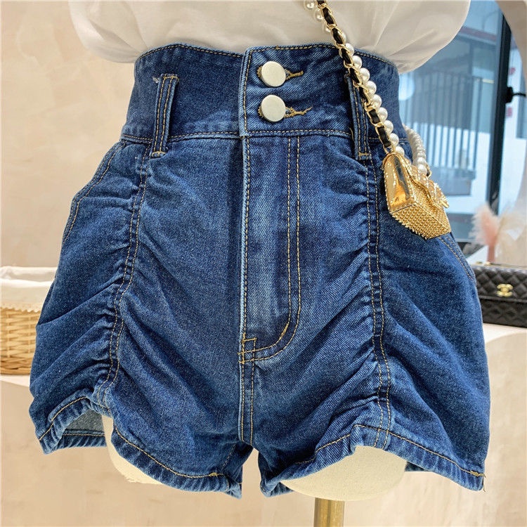 High-waisted pleated denim shorts for women in 2022, the new summer style is loose and thin, wearing wide-legged a-word hot pants