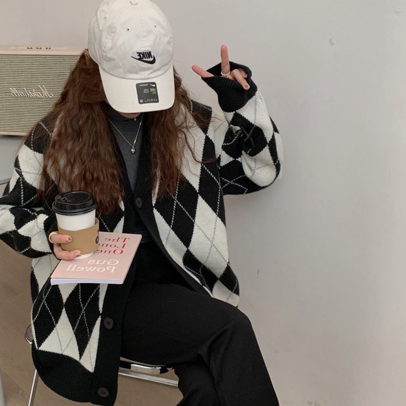 Áo khoác cardigan dệt kim dáng rộng họa tiết kim vương thời trang thu đông cho nữ