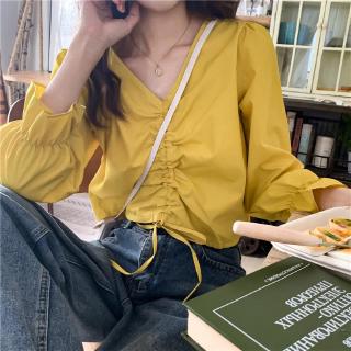 Áo Sơ Mi Tay Dài Cổ Chữ V Phối Dây Rút Thời Trang Mùa Thu Dành Cho Nữ