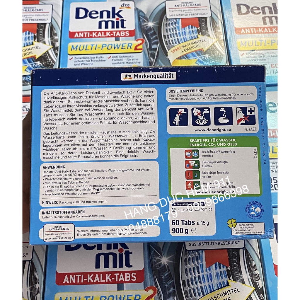Viên tẩy lồng giặt Denkmit Anti Kalk Tabs 60 viên nội địa Đức HÀNG AIR viên còn nguyên không bị nát