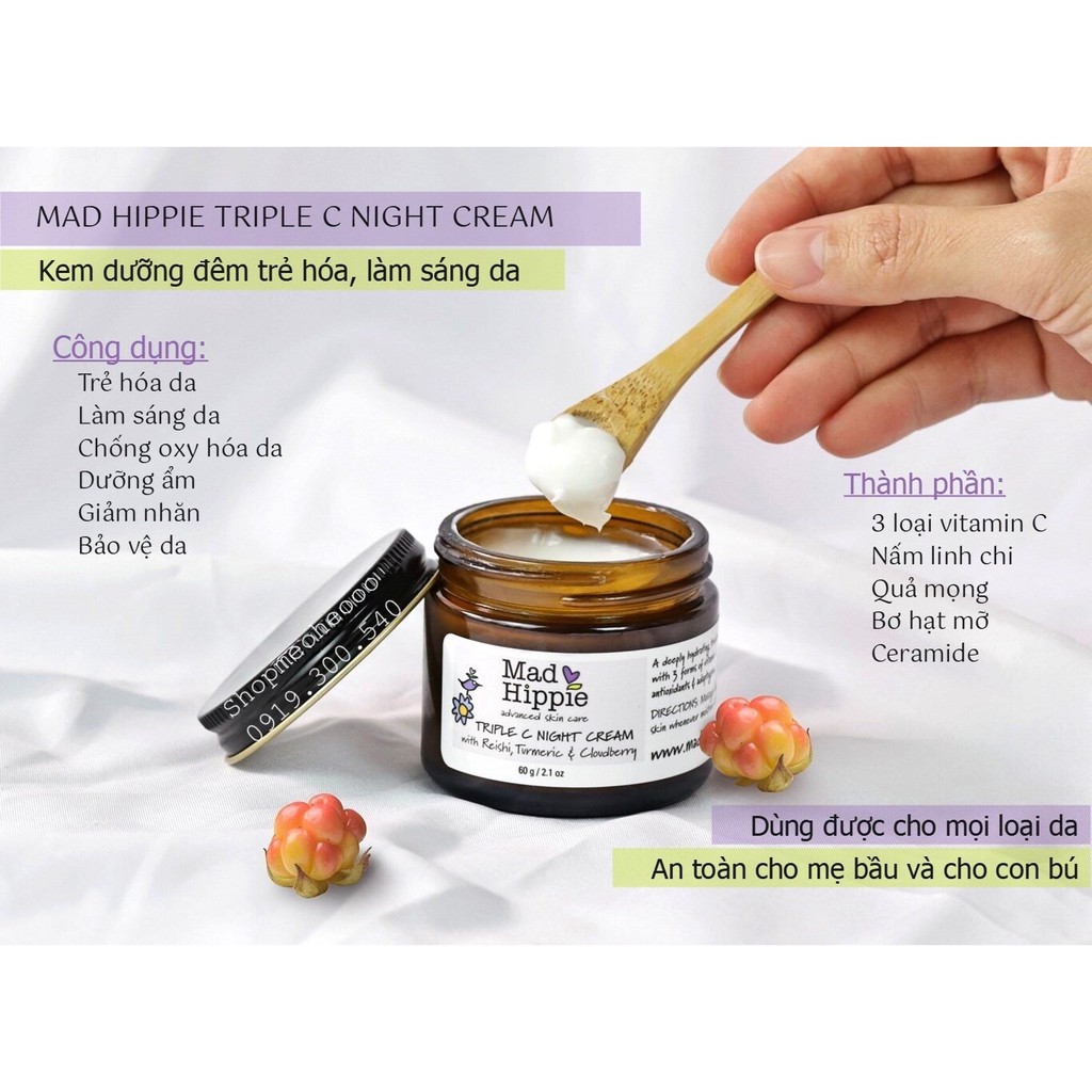 Kem dưỡng đêm trẻ hóa, làm sáng da, giảm nhăn, bảo vệ da Mad Hippie Triple C Night Cream [Meoheo]