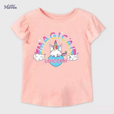 Áo thun cộc tay bé gái chính hãng LITTLE MAVEN - mẫu ATE033 ÁO HỒNG IN CHỮ MAGICAL