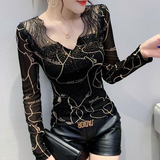 Áo kiểu trễ vai áo lưới dài tay V Thiết Kế Mới Thời Trang Mùa Thu Đông Dành Cho Nữ