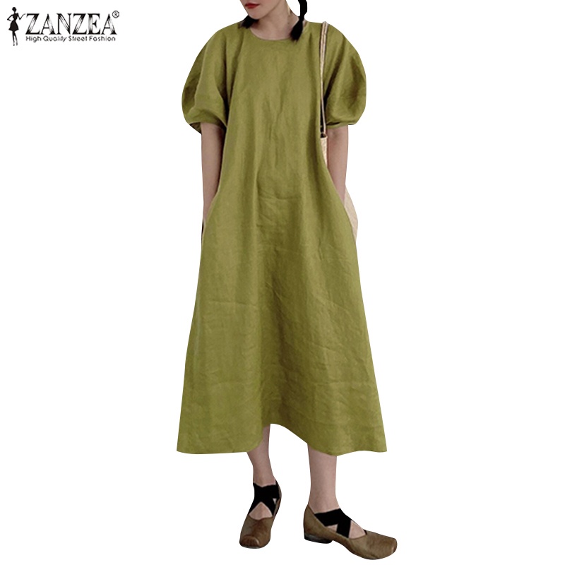 Đầm chữ A ZANZEA tay ngắn phồng cổ tròn có túi phong cách Hàn Quốc thanh lịch cho nữ