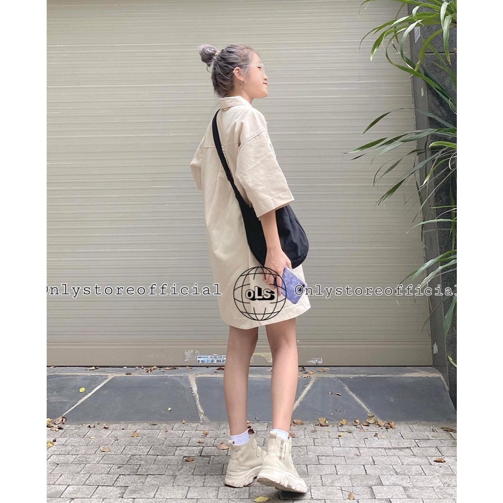 Váy polo nữ dáng suông màu be form rộng unisex tay lỡ cá tính Ulzzang chất su co dãn dày dặn Xưởng sỉ nguyễn hoa | BigBuy360 - bigbuy360.vn