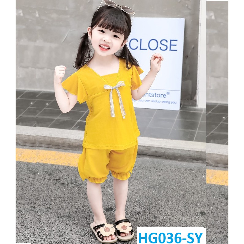 🔥🔥 FLASH SALE 🔥🔥 - Bộ cộc tay bé gái nhún bèo nơ ngực siêu xinh điệu đà. Cotton co giãn, thoáng mát mùa hè - HG036