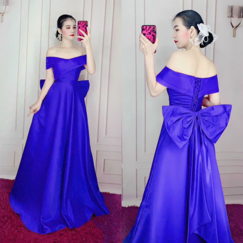 Đầm váy dạ hội cô dâu đi bàn sang trọng bẹt vai phối nơ lưng