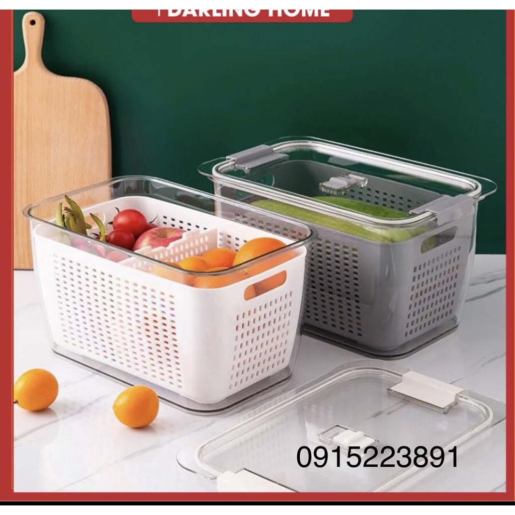 Hộp Nhựa TO Đựng Thực Phẩm Tủ Lạnh 2 Lớp Có Lỗ Thoát Nước Khóa Thoát Khí Dễ Dàng Bảo Quản Rau Củ Tiện Lợi