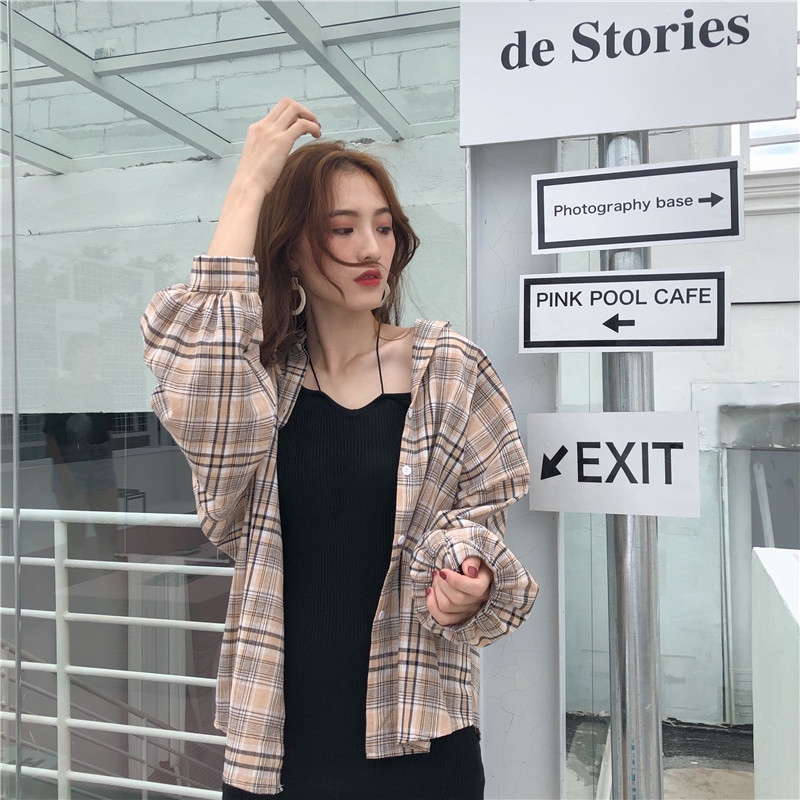 SUXI Áo khoác sơ mi caro / Đầm hai dây phong cách Hàn Quốc thời trang cho nữ