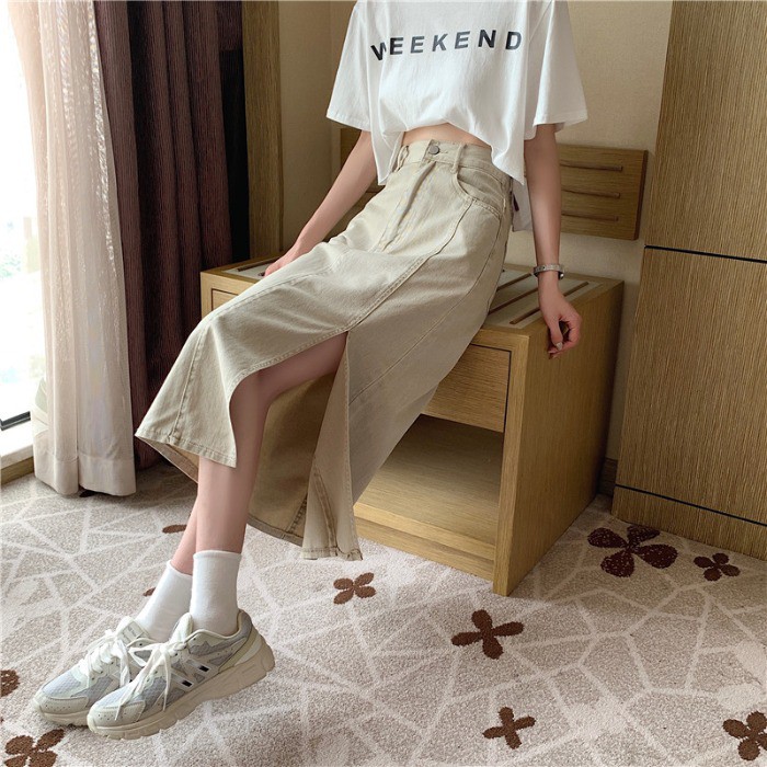 Xiaozhainv Chân váy denim xẻ tà thời trang Hàn Quốc cho nữ | BigBuy360 - bigbuy360.vn