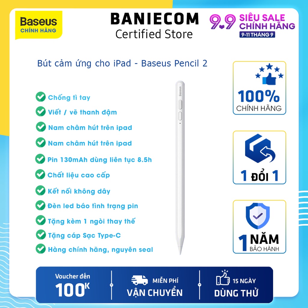 Bút Cảm Ứng Baseus Smooth Writing Capacitive Stylus Dùng Cho Ipad Pro/ Smartphone/ Tablet Android - Bút điện dung