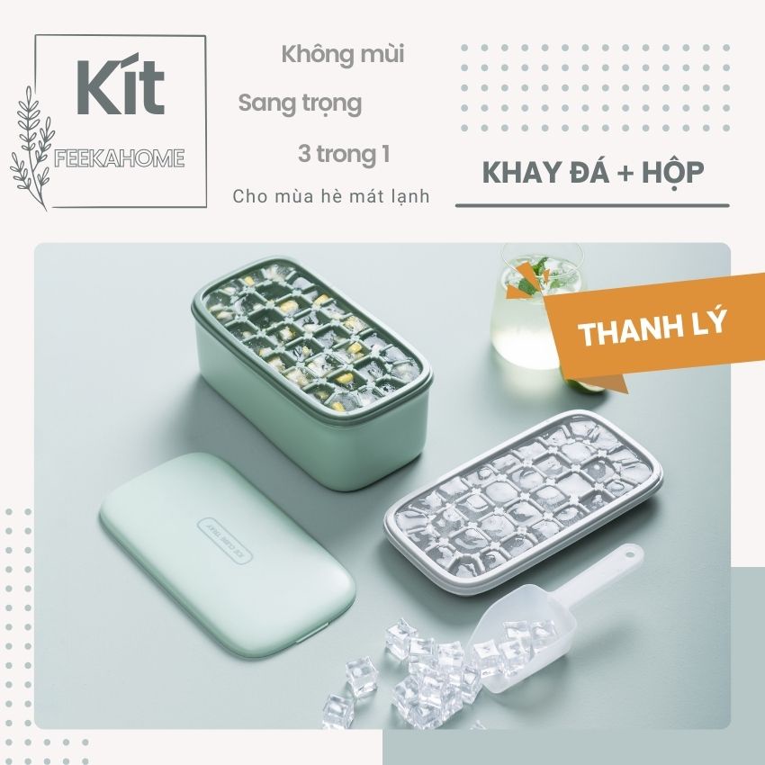 Combo khay làm đá có nắp cao cấp FEEKA + Hộp, Khay đá tủ lạnh kèm thìa xúc 4 trong 1