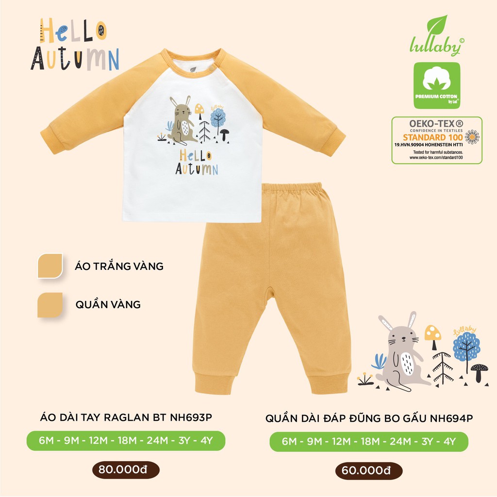 [CHÍNH HÃNG] Bộ dài tay cotton raglan họa tiết trẻ em Lullaby Thu đông 2021