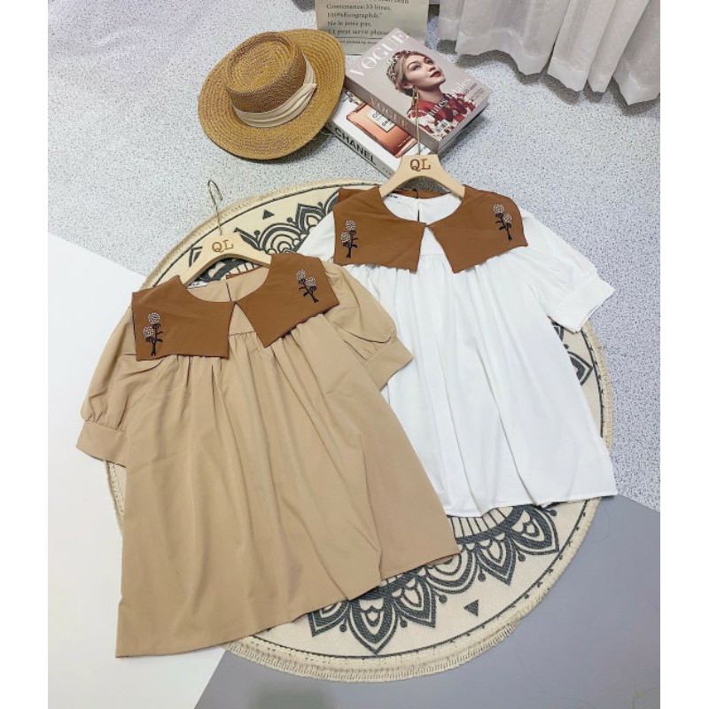 Áo sơ mi cộc tay cổ pha thêu babydoll xinh