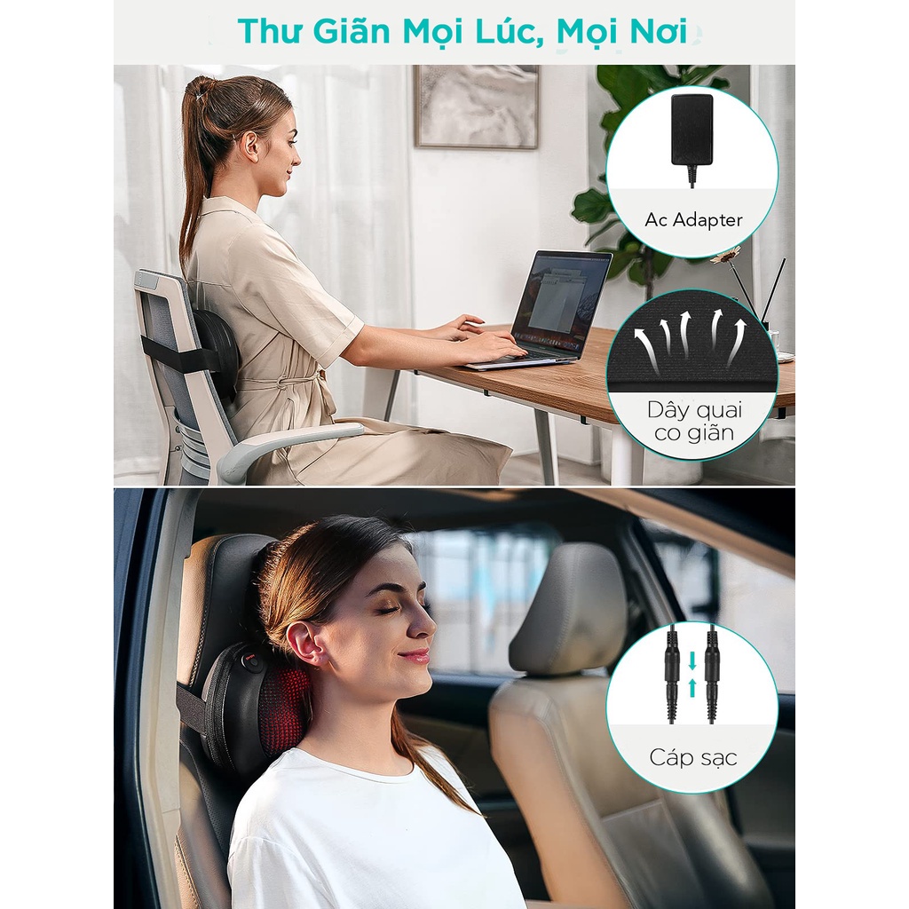 Gối Massage Nhiệt Hồng Ngoại KP-315 - 4 Bóng Xoay - Chuyên Sâu Cổ Vai Gáy - Chính Hãng KINGTECH - Bảo Hành 12 Tháng