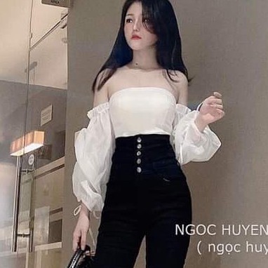 áo kiểu trễ vai xinh kèm mút dễ thương phối tay đính dây nhún ảnh thật