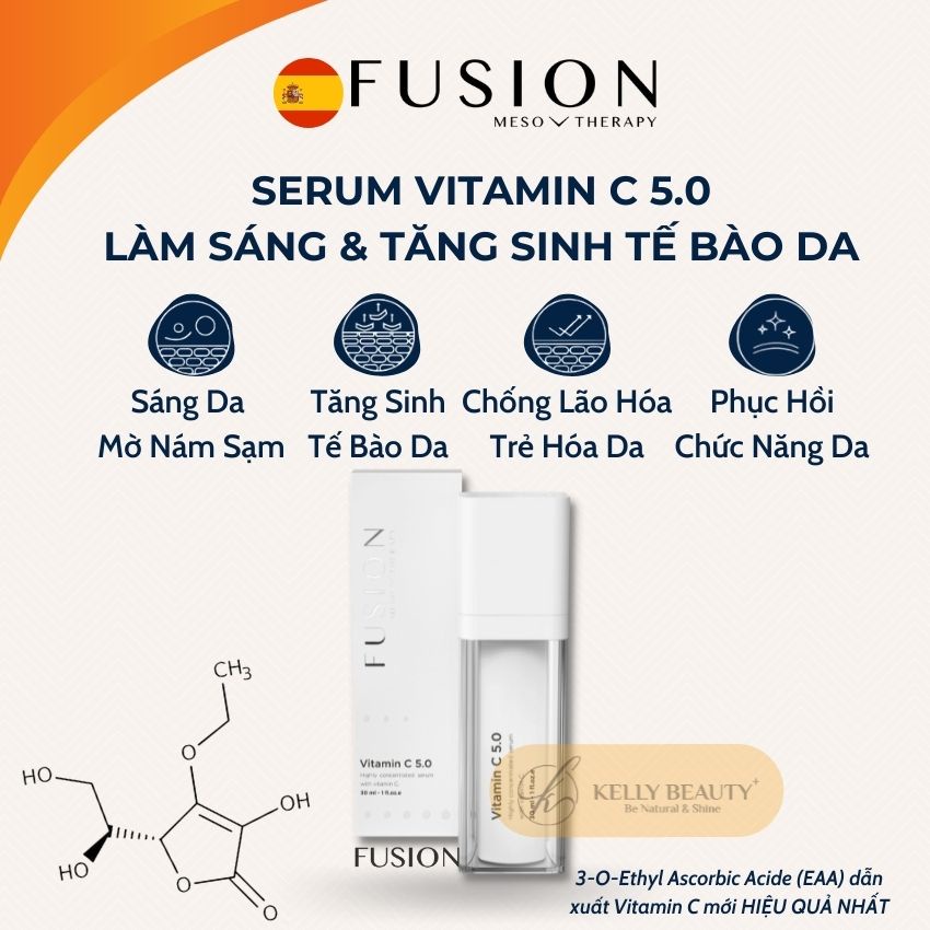 Serum Vitamin C 5.0 FUSION 30ml - Làm Sáng Da, Chống Lão Hóa; Tăng Sinh Collagen, Ức Chế Melanin, Giảm Nám |Kelly Beauty