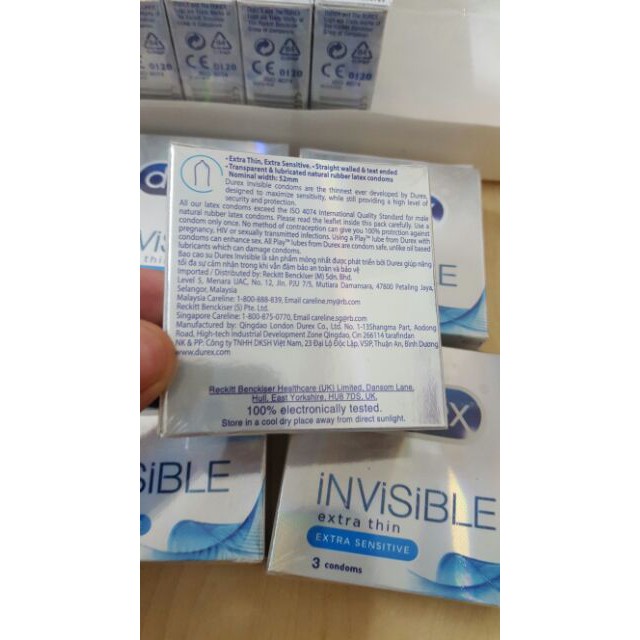 Bộ 3 hộp bcs ÔM SÁT SIÊU MỎNG Durex Invisible - 3 cái
