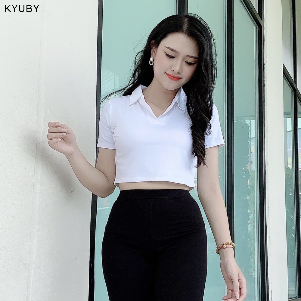 Áo croptop nữ tay ngắn có cổ KYUBY Polo croptop chất cotton