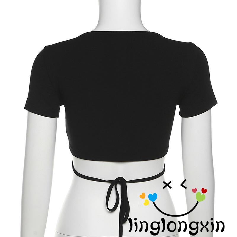 Linglongxi2-Women Wrapped Tops, Short Sleeve V Neck Cutout Solid Color Street Party Causal Summer Spring Shirt