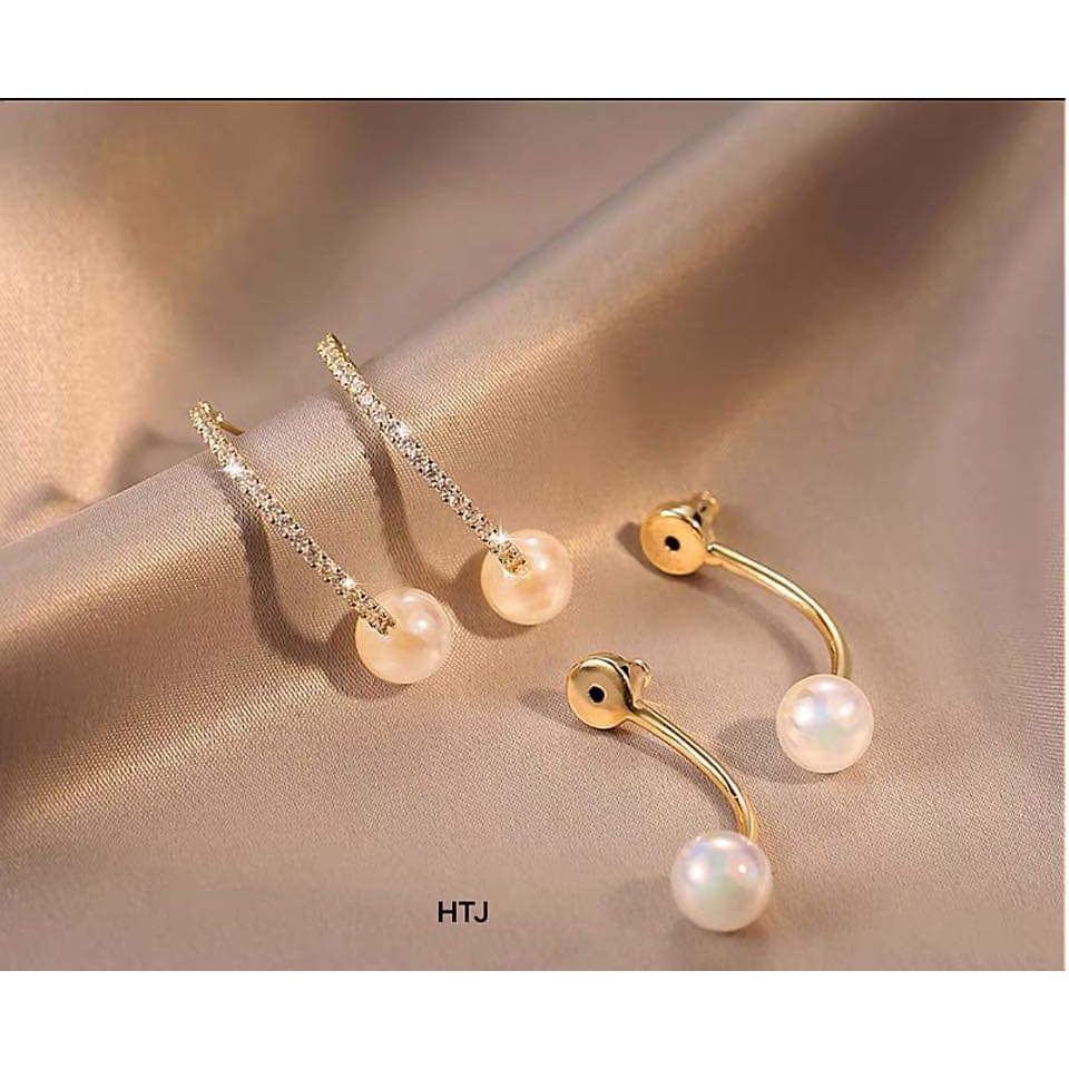Bông tai bạc Van jewelry V10728 Bông tai hàng đá thả ngọc sang chảnh