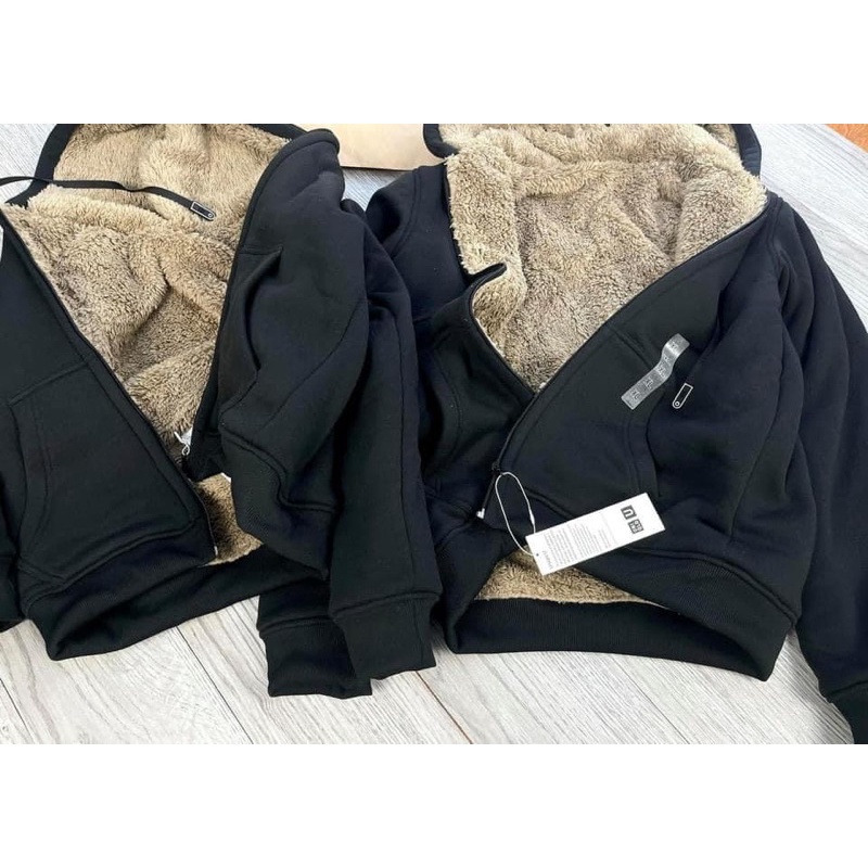 Áo Nỉ Đen Lót Lông Cừu Có Mũ Unisex Cho Nam Và Nữ