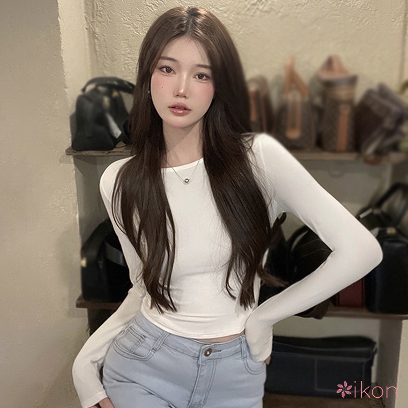Áo Thun Crop Top Tay Dài Màu Sắc Đơn Giản Phong Cách Hàn Quốc Cho Nữ