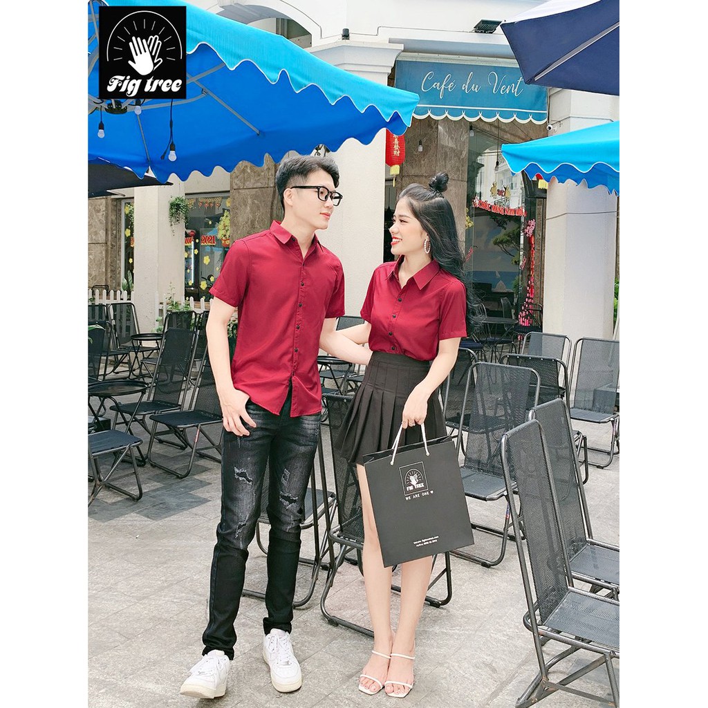 Sơ Mi Cặp Màu Đỏ Đô Fig Tree Tay Ngắn Siêu Đáng Yêu Cho Các Cặp Đôi