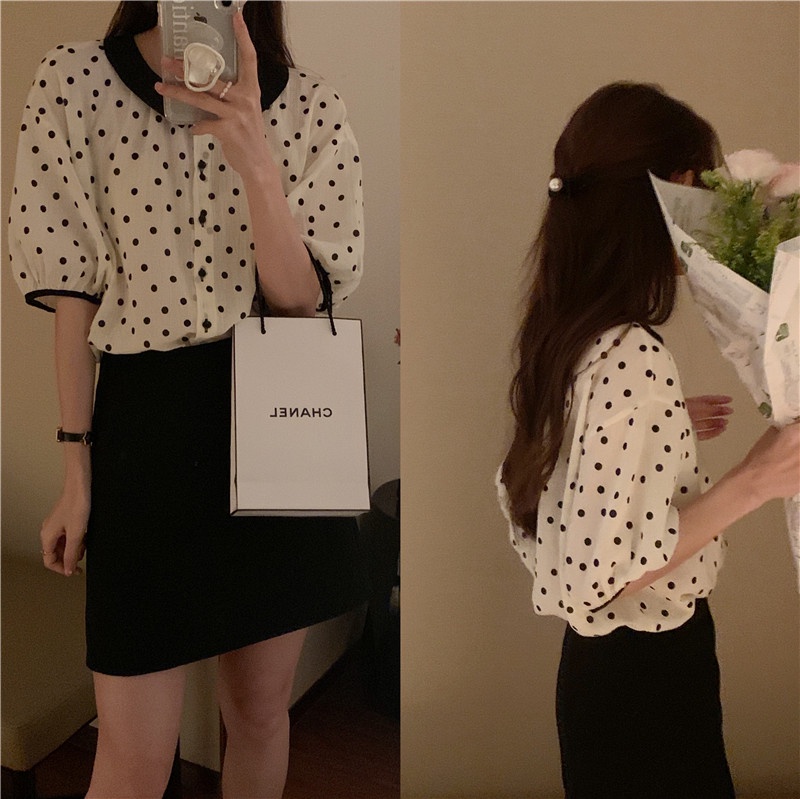 Áo Sơ Mi Chấm Bi Dáng Rộng Ngắn Tay Thời Trang Sành Điệu 53791