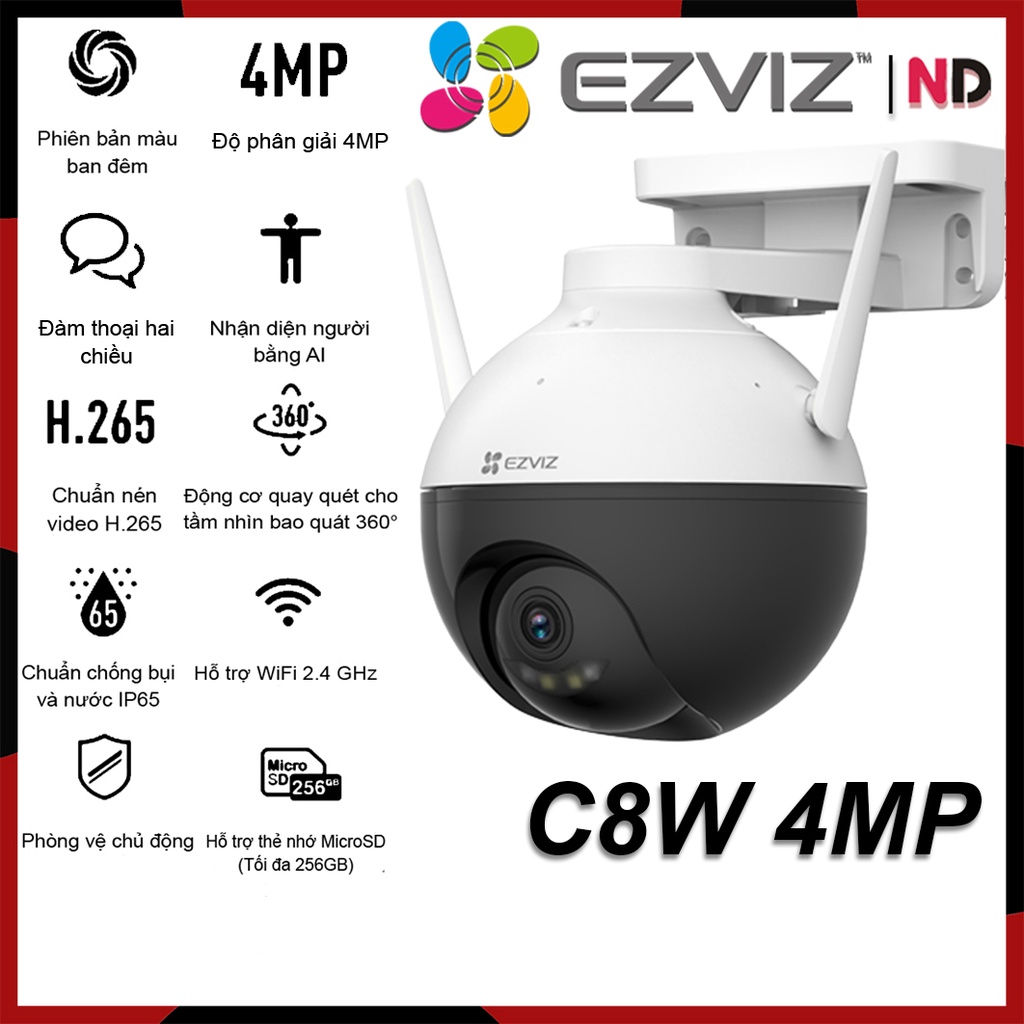 Camera Ngoài Trời Wifi 4MP 2K EZVIZ C8W Điều Khiển Xoay 360,Màu đêm, Đàm thoại - Hàng chính hãng bảo hành 24 tháng