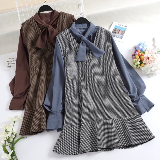(Ảnh thật) CÓ SẴN SET Váy suông đuôi cá + Áo sơ mi cổ nơ hàng Quảng Châu