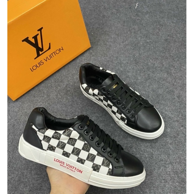 Giầy nam buộc dây LV hoạ tiết ô vuông đen trắng, Giầy thời trang đế cao mũi tròn btshop từ 38 đến 42