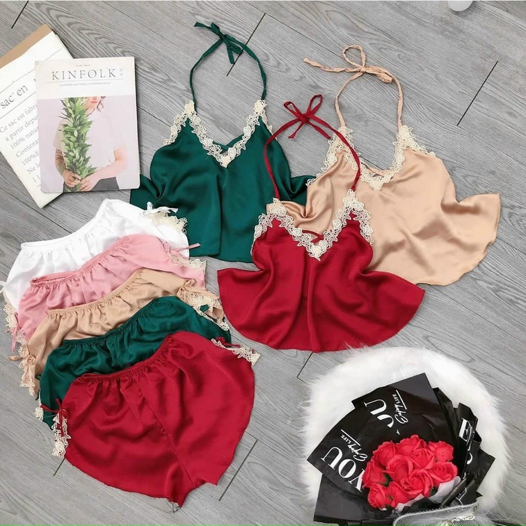 Set đồ ngủ 2 dây phối ren vàng vải satin lụa mềm mại , thoáng mát , họa tiết trơn nhiều màu freesize dưới 57kg.
