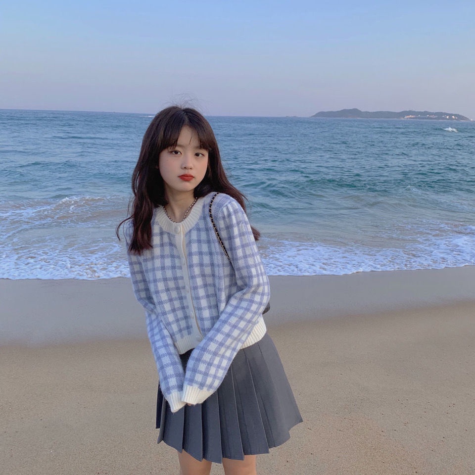 COZOK Áo len tay dài cổ tròn họa tiết kẻ sọc phong cách Hong Kong