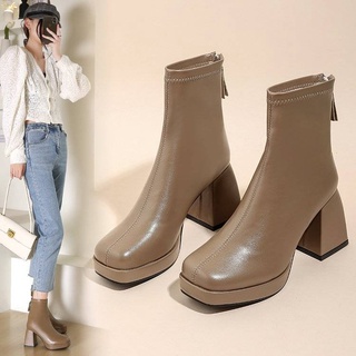 Boot nữ  giày nữ boot cao cổ Kích thước lớn giày nữ 34 thước-43 thước dây kéo phía sau đầu vuông của phụ nữ giày cao cổ cao không thấm nước nền cao 8 cm giày cao gót đến mắt cá chân giày bốt Martin ngắn