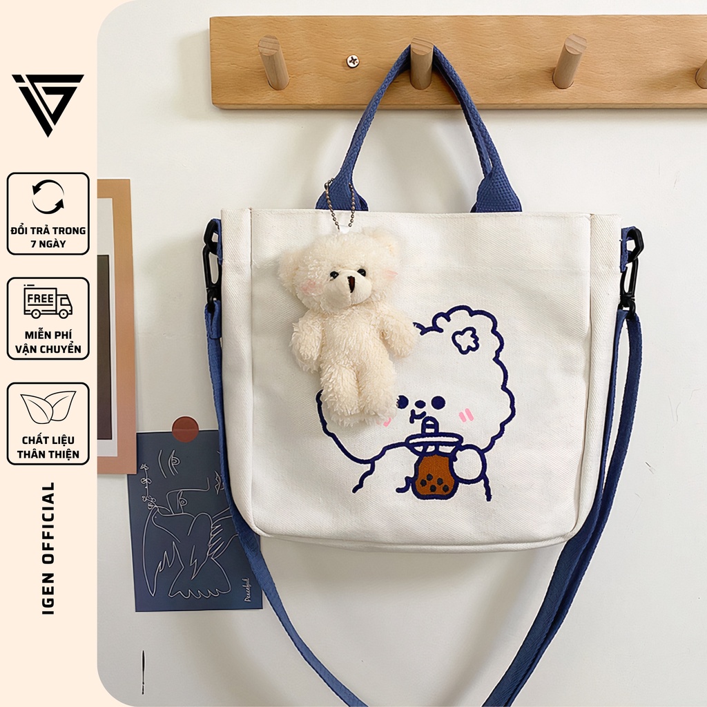 Túi tote đeo chéo nữ vải canvas đi học, đi chơi thời trang Hàn Quốc dễ thương IG201