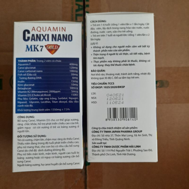 Viên uống bổ sung canxi - AQUAMIN CANXI NANO MK7 GOLD - Canxi từ tảo biển đỏ dùng an toàn cho trẻ từ 1 tuổi