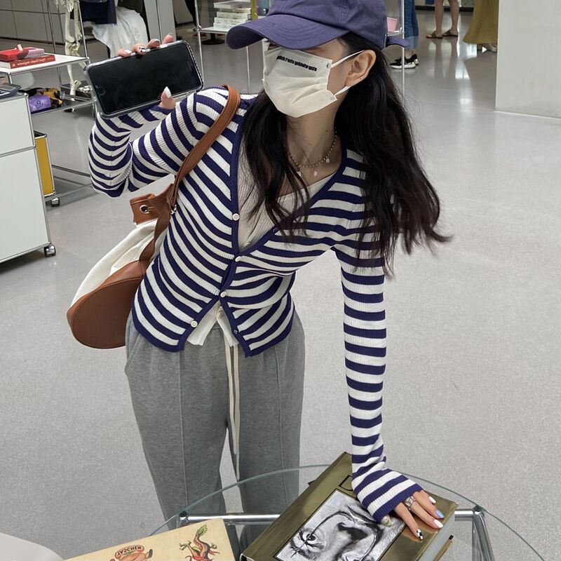 ZHELIHANGFEI Áo Khoác Cardigan Giả Hai Lớp Họa Tiết Sọc Thời Trang Dễ Phối Đồ Cho Nữ