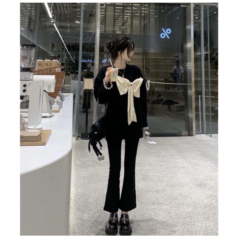 Áo Len Dệt Kim Dáng Rộng Đính Nơ Thời Trang