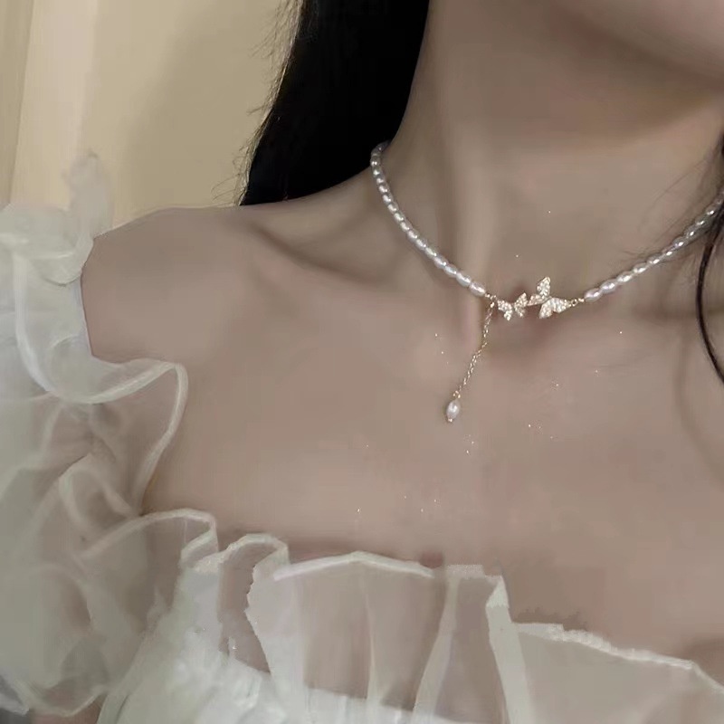 Vòng cổ Mặt Hình Bướm Đính Ngọc Trai Nhân Tạo Thời Trang Cho Nữ