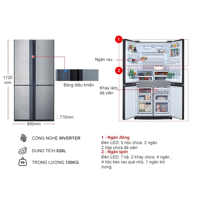 Tủ lạnh 4 cánh Sharp SJ-FX631V-SL J-Tech Inverter - Hàng chính hãng