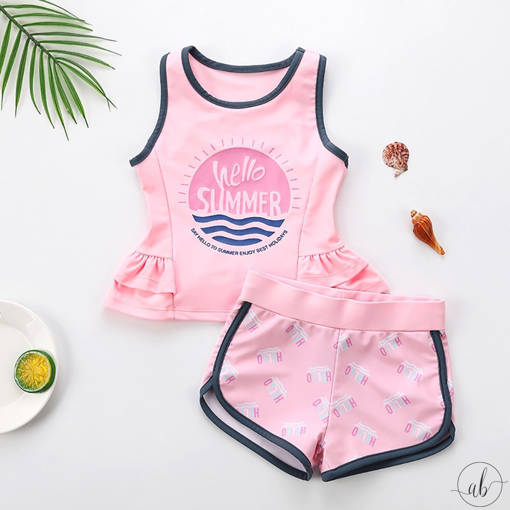 Đồ bơi bé gái áo ba lỗ, quần đùi, màu hồng Hello Summer  (5-12 tuổi) (20-35kg)