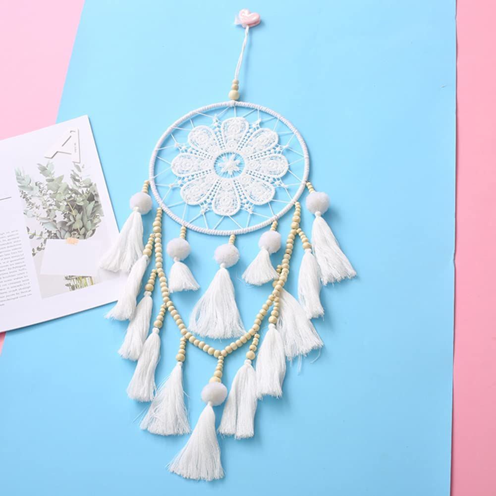 Dreamcatcher có chuỗi hạt gỗ và bông tua rua trắng kiểu Boho treo tường trang trí phòng ngủ bé gái/làm quà sinh nhật