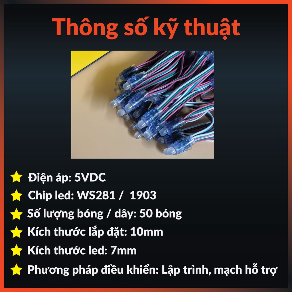 Led pháo hoa full color Ws2811 Led đúc F7 dây đèn trang trí 10cm 50 bóng